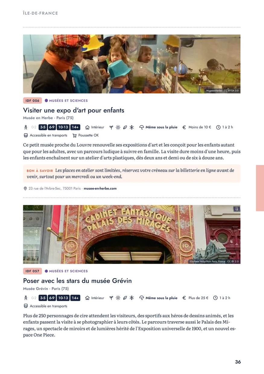 Page de fiches d'activités avec photo, pictogrammes et conseil pratique